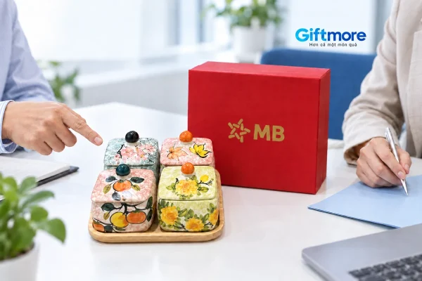 Bộ bốn hũ vuông họa tiết khác nhau cùng hộp đỏ in MB trên bàn chọn quà