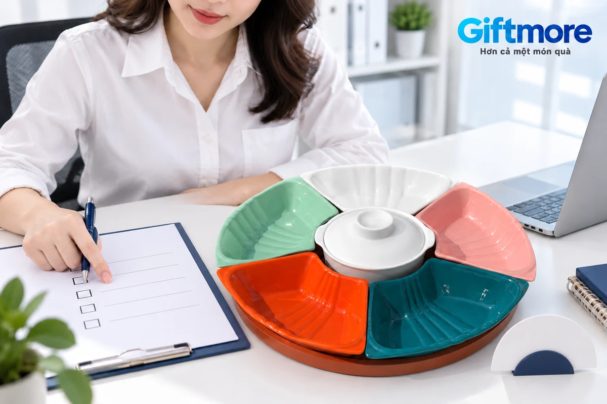 Người phụ trách đối chiếu bảng thành phần cạnh khay năm đĩa cánh và bát giữa