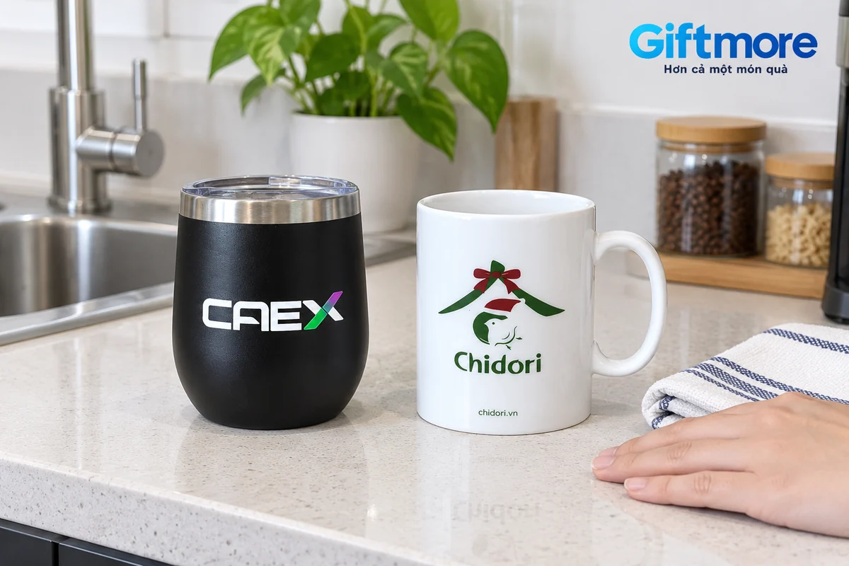 Ly sứ Chidori và ly đen CAEX đặt cạnh bồn rửa văn phòng