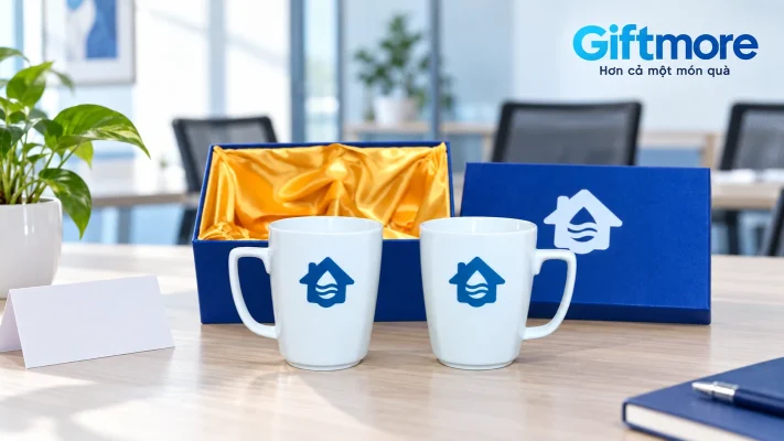 Hai ly trắng theo mẫu thật với biểu tượng nhà và nước màu xanh, cạnh hộp xanh và phiếu chọn mẫu