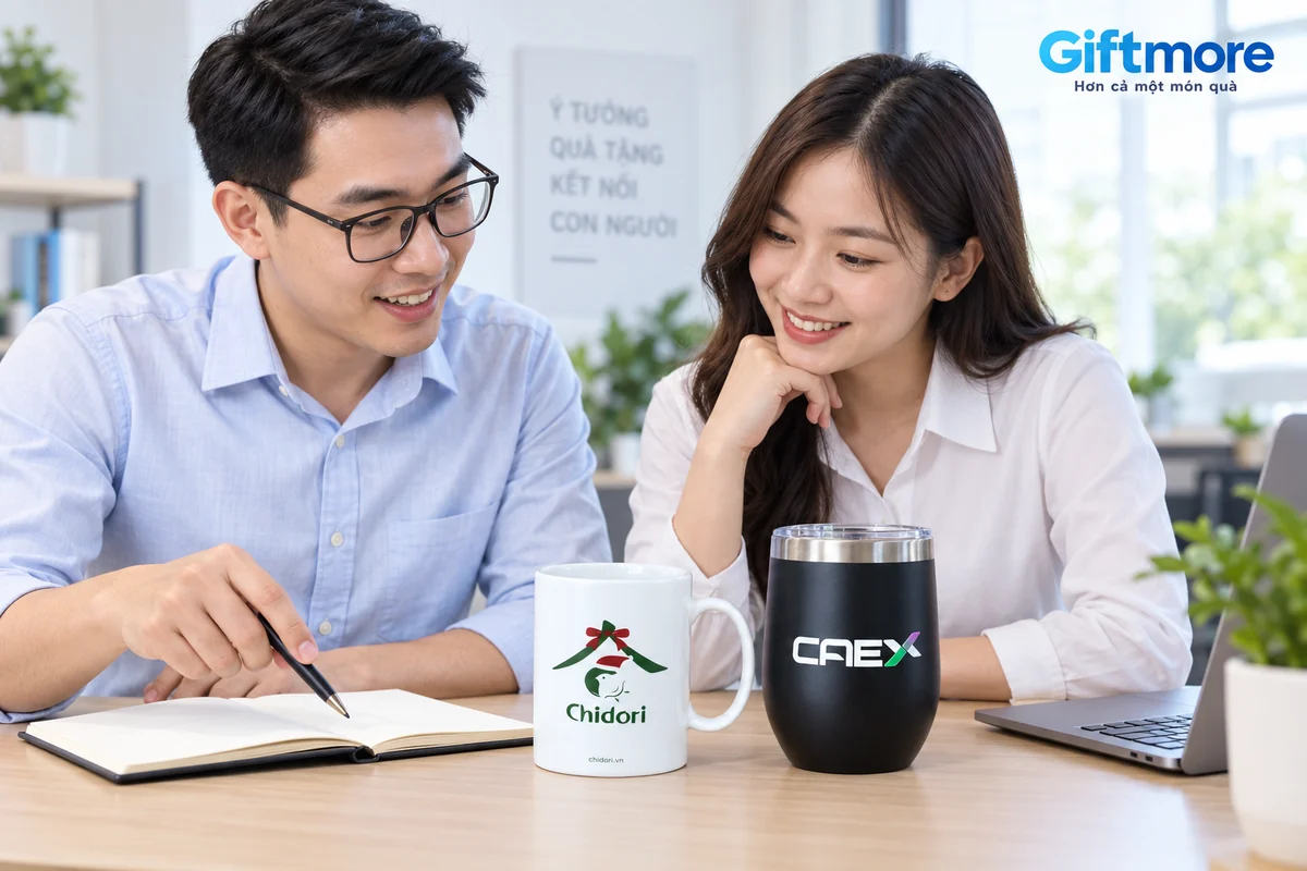 Hai người xem ly sứ Chidori và ly đen CAEX tại bàn làm việc