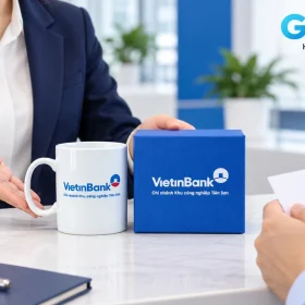 Cảnh dựng chọn chiếc cốc trắng in VietinBank và hộp xanh tại quầy sáng