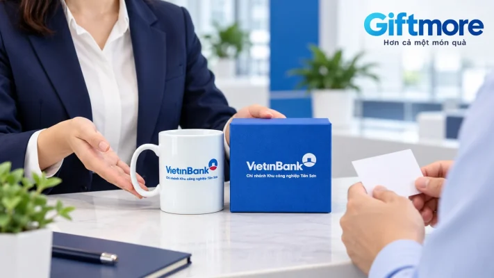 Cảnh dựng chọn chiếc cốc trắng in VietinBank và hộp xanh tại quầy sáng