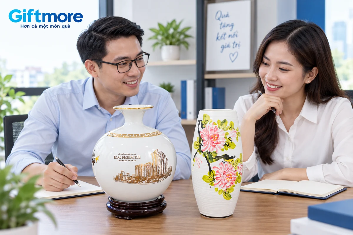 Hai người trao đổi cạnh bình trắng có đế và lọ thân cao họa tiết hoa