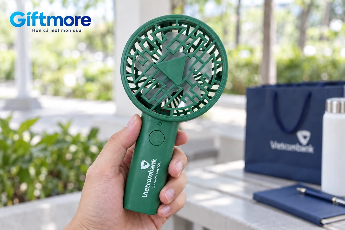 Cảnh dựng người lớn cầm quạt xanh lồng hoa văn in logo Vietcombank tại nơi có mái che
