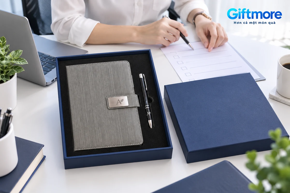 Người phụ trách xem bảng trống bên bộ sổ xám bút đen và nắp hộp navy