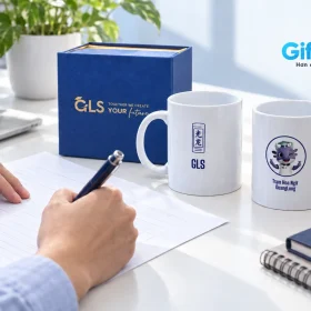 Cảnh dựng người phụ trách viết bản yêu cầu cạnh ly in GLS và hộp xanh từ ảnh thật