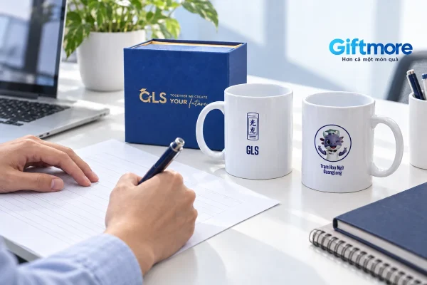 Cảnh dựng người phụ trách viết bản yêu cầu cạnh ly in GLS và hộp xanh từ ảnh thật