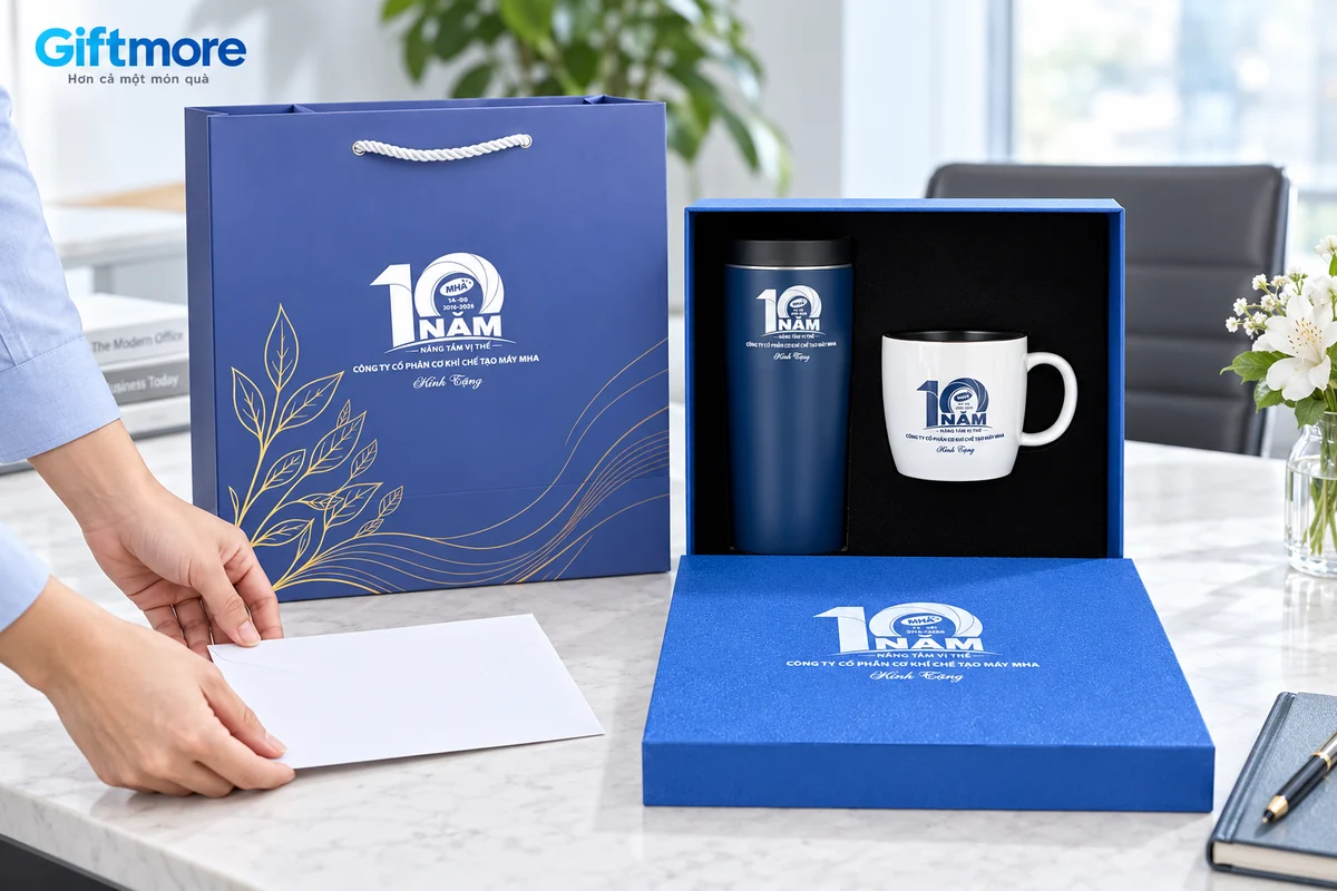 Người đặt phong bì trắng cạnh bộ quà bình và cốc với túi xanh