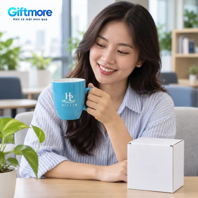 Cốc bầu Long Vân men xanh ngọc in logo – hình dung người nhận xem món quà