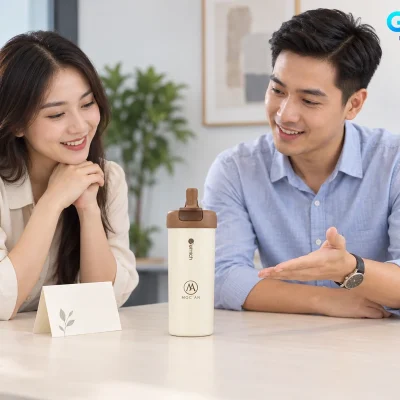 Hai người xem cốc Elmich EL1658 và demo MOC AN trên bàn giới thiệu quà