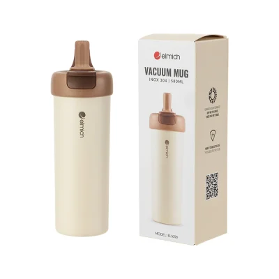Cốc màu kem và hộp catalogue Elmich ghi EL1658, inox 304 và 580 ml