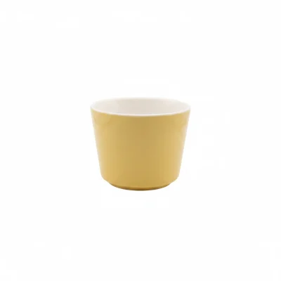 Cốc Khánh An 220ml men vàng không quai in logo – đối chiếu màu men và dáng thu về đáy