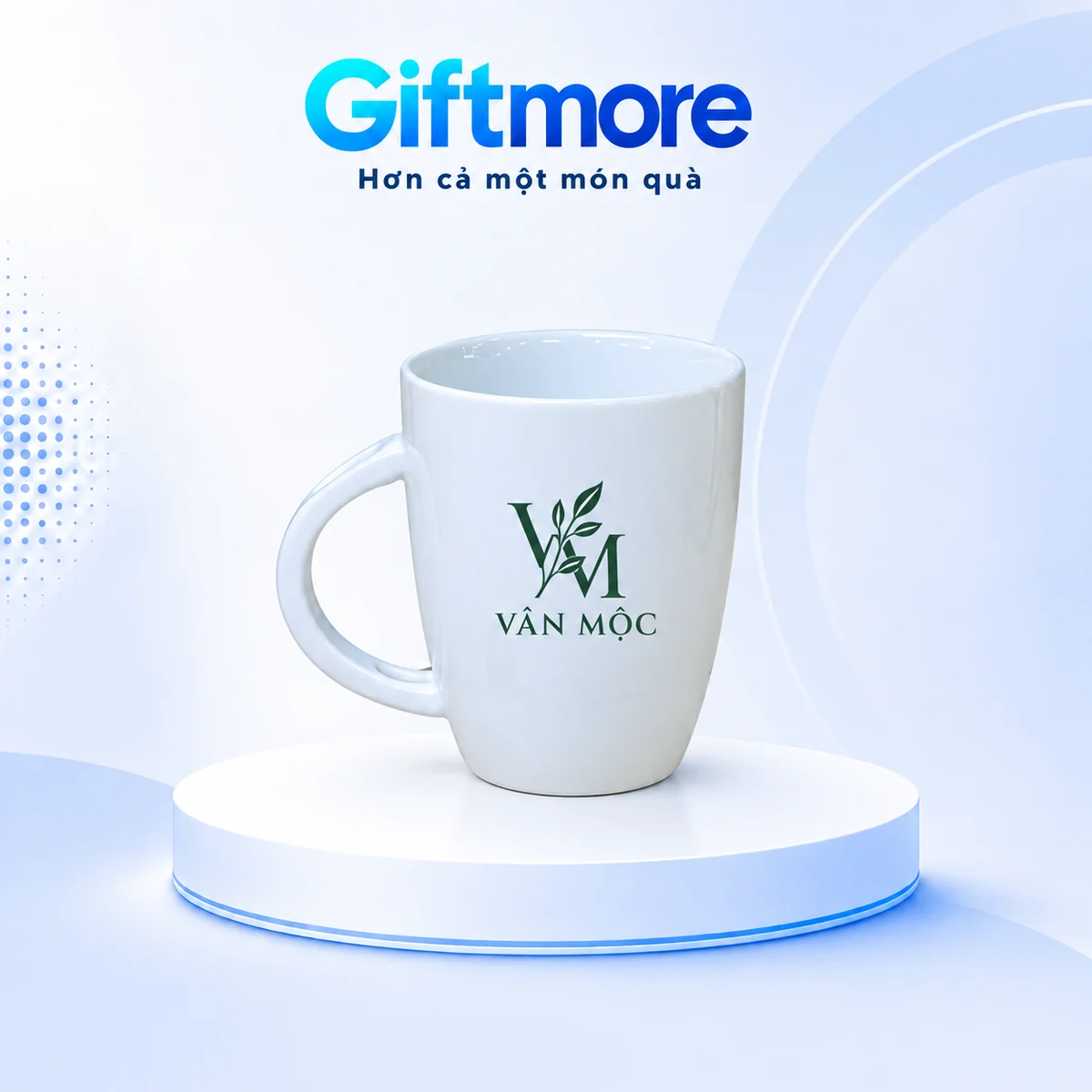 Cốc quai thìa trắng 400ml in logo – xem nhận diện vân mộc trên thân cốc