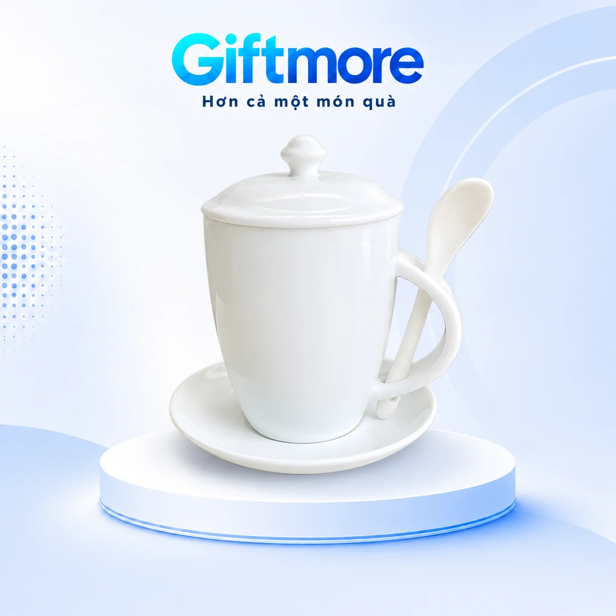 Cốc quai thìa trắng 400ml in logo – xem cấu hình nắp thìa và đĩa tùy chọn