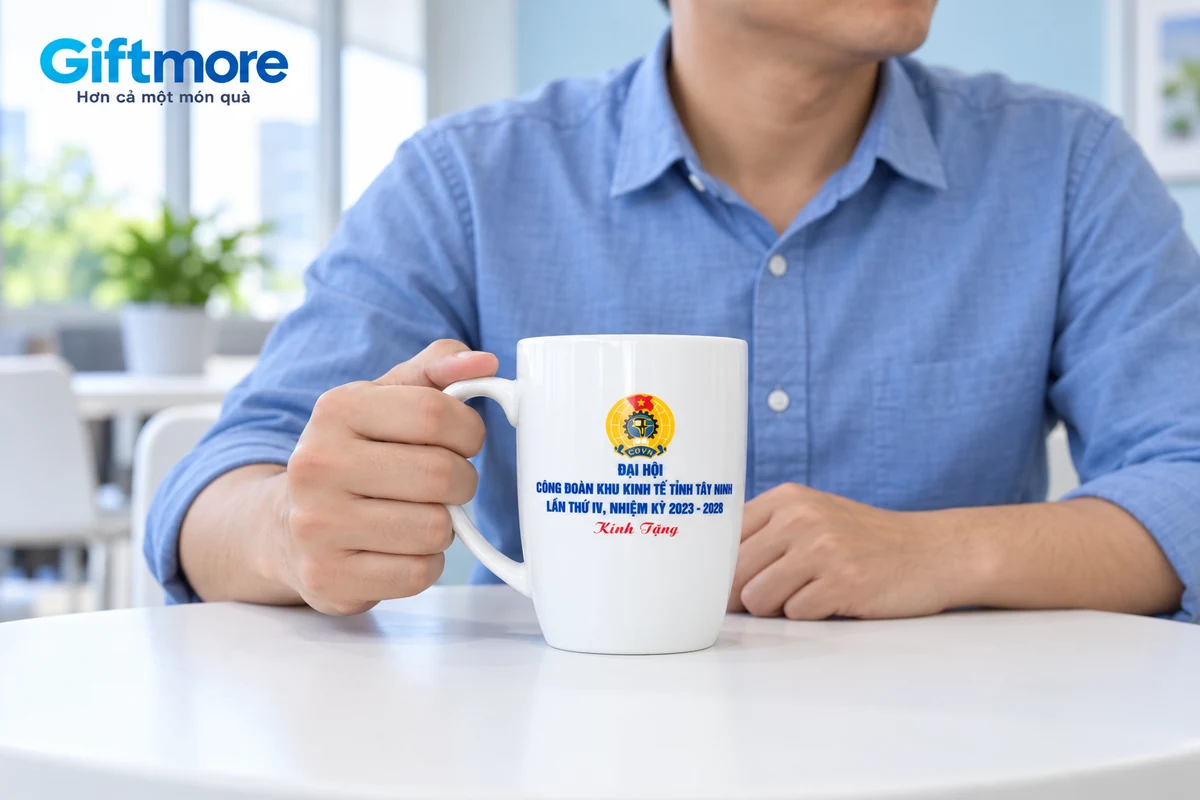 Người cầm quai cốc trắng in nhận diện công đoàn tại bàn nghỉ