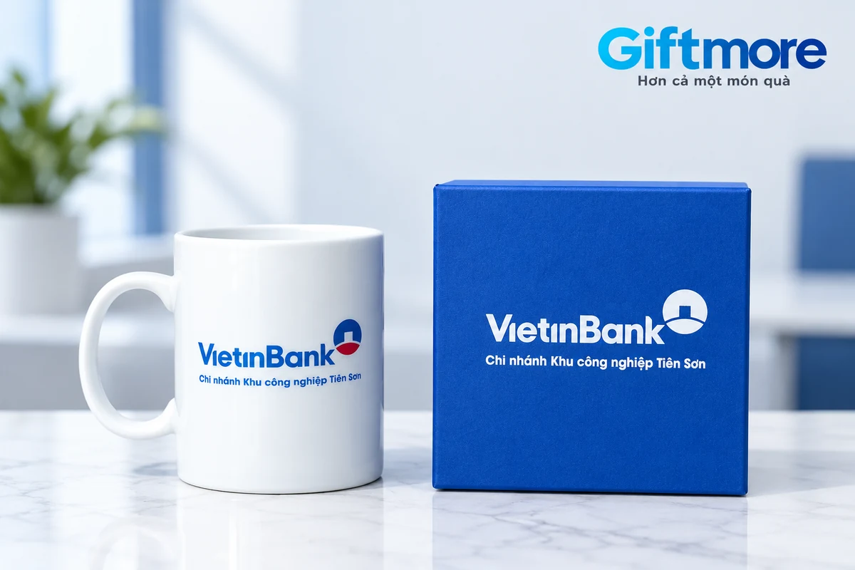 Cốc trắng và hộp xanh giữ logo VietinBank cùng tên chi nhánh trên nền sáng đã chỉnh