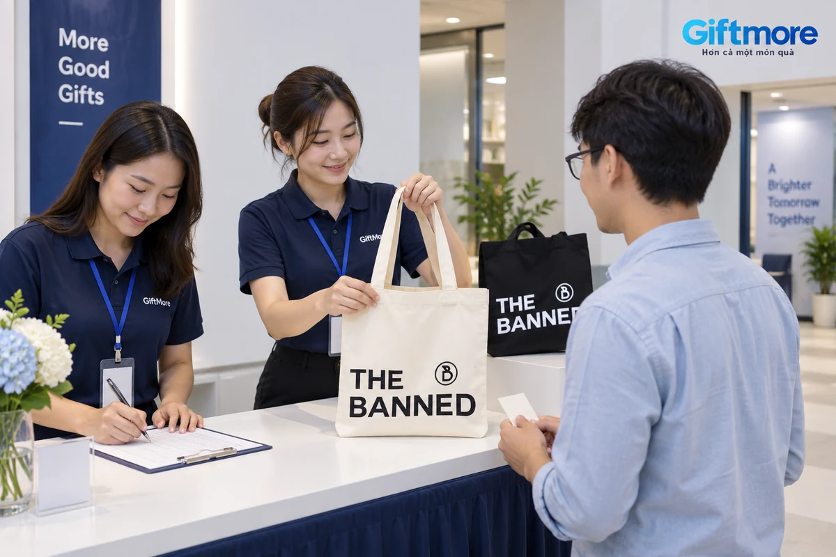Hai người phụ trách kiểm lượt và chuẩn bị túi quà cho khách tại quầy