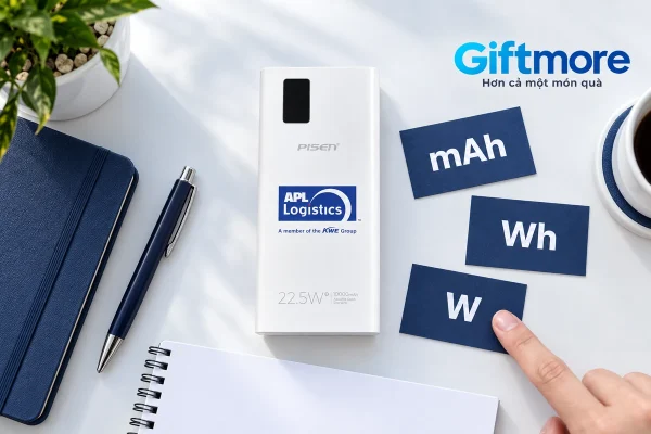 Cảnh dựng đọc đơn vị mAh, Wh và W cạnh sạc Pisen APL