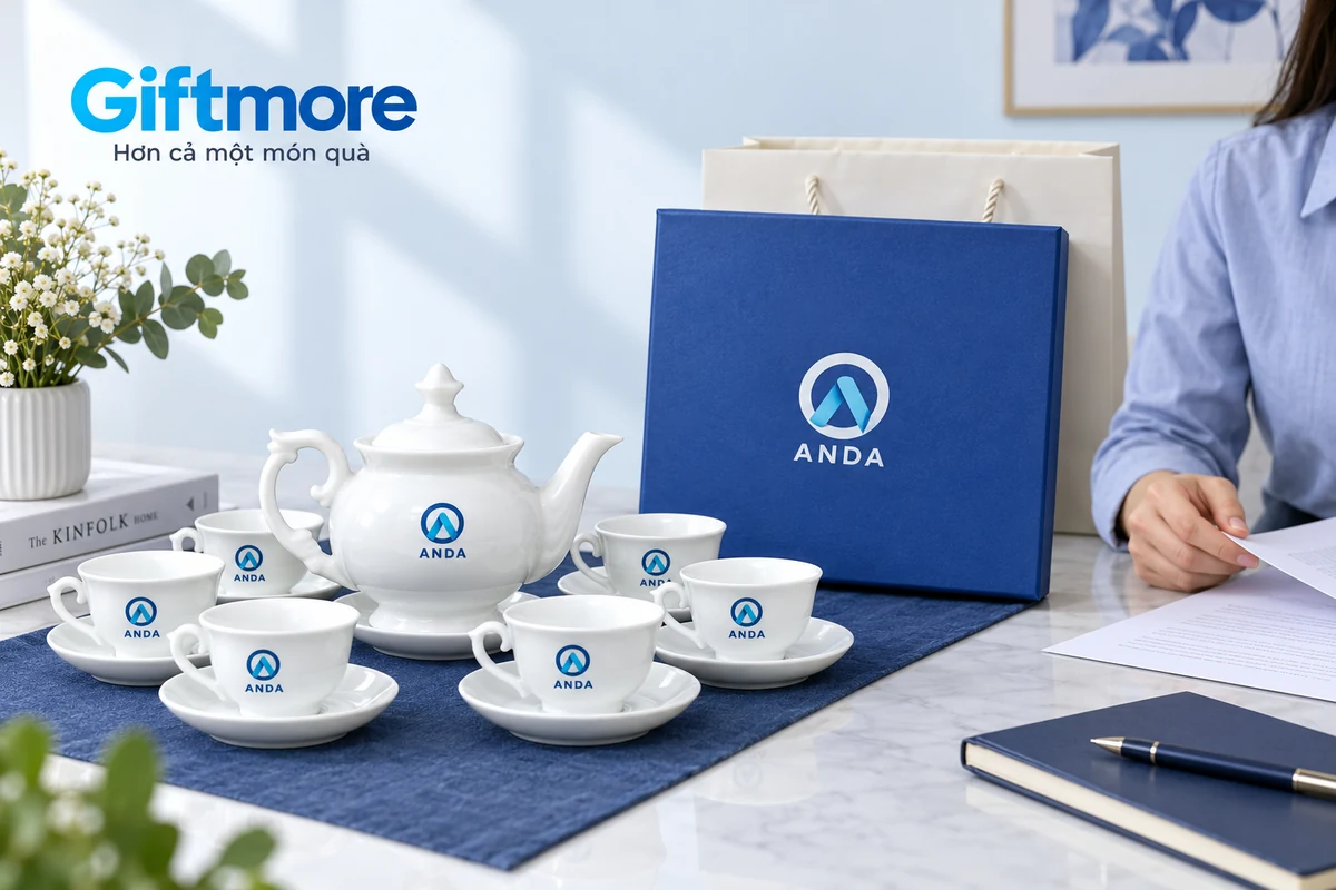 Bộ trà trắng có quai và núm nắp trang trí, logo demo ANDA cùng hộp và giấy yêu cầu