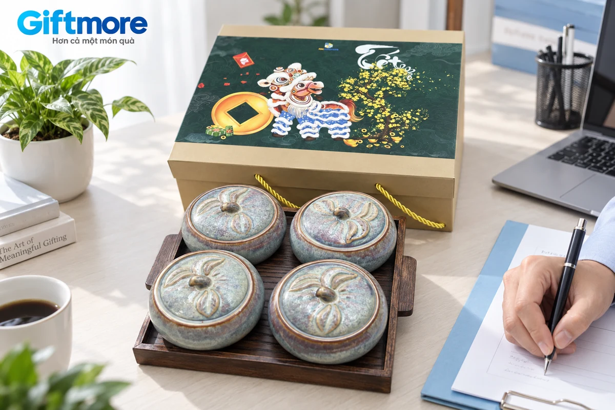 Bốn hũ quả bí men xám cùng hộp Tết và người ghi phạm vi bộ quà