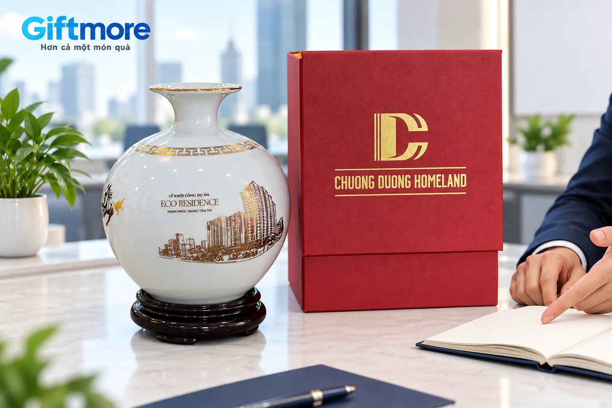 Bình trắng và hộp in logo thật trong cảnh đối chiếu phương án quà