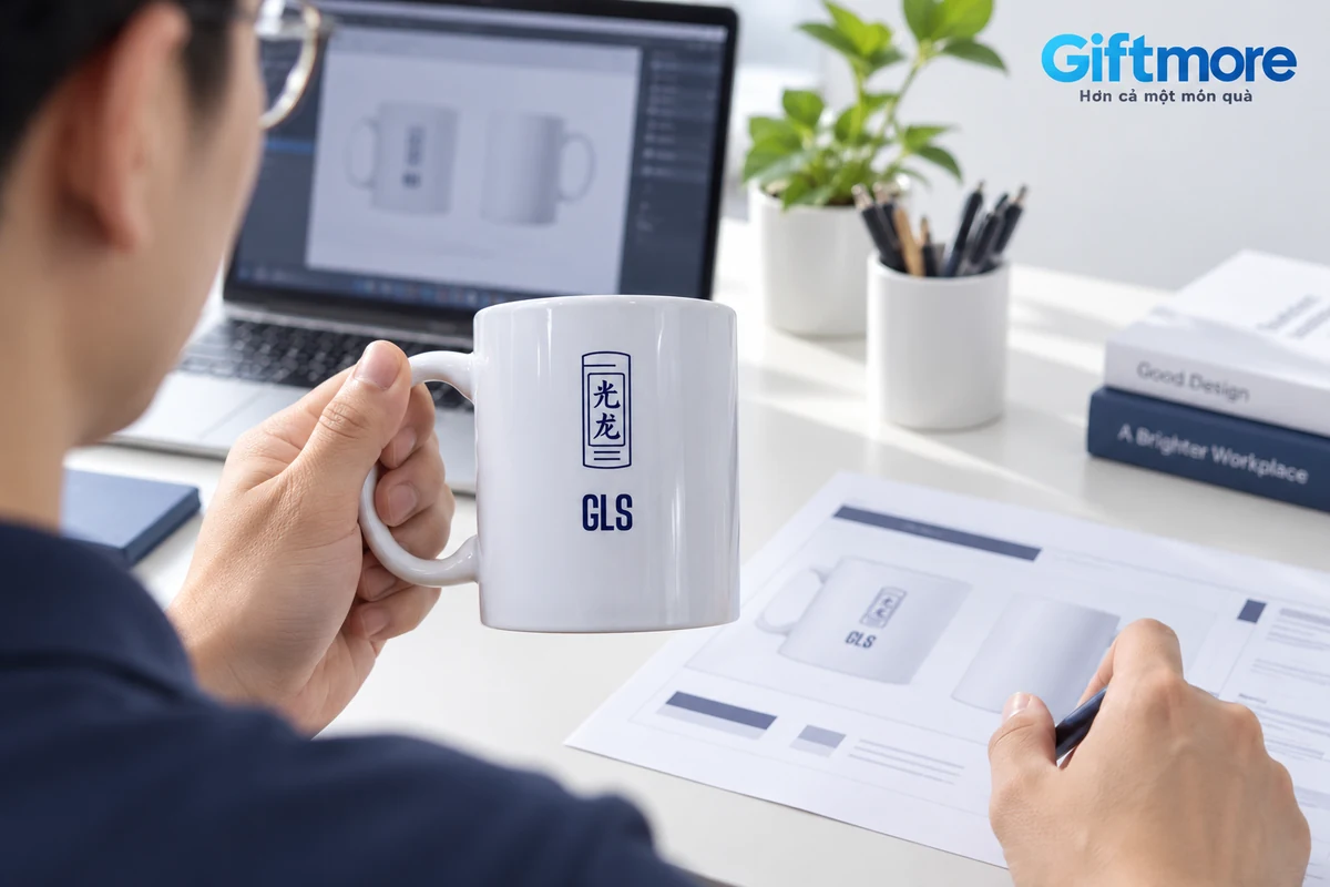 Người thiết kế cầm ly sứ GLS để đối chiếu chi tiết chữ in