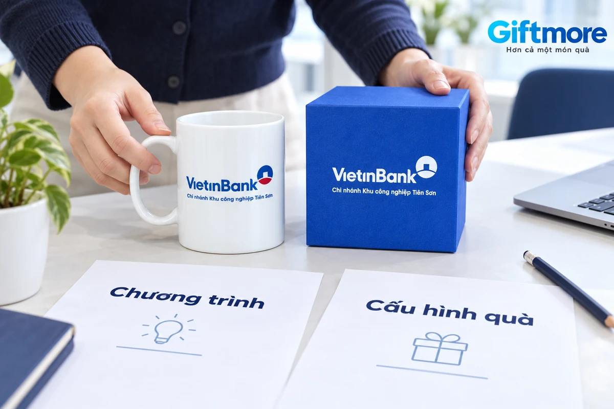 Người phụ trách đối chiếu hai tờ Chương trình và Cấu hình quà cạnh cốc VietinBank và hộp xanh