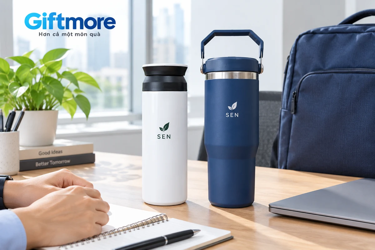 Bình trắng nắp đen và bình navy quai gập cạnh balô, laptop trên bàn làm việc