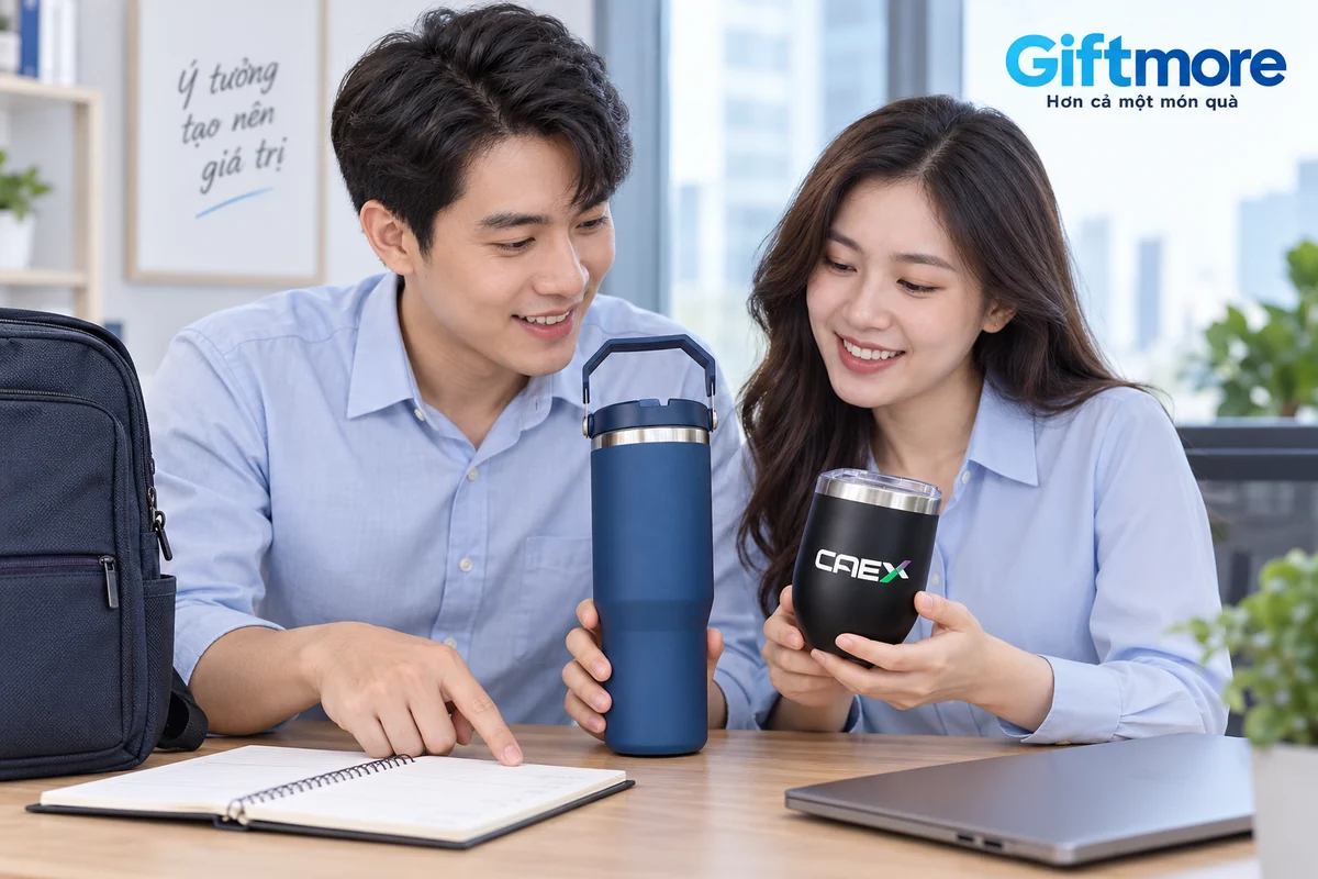 Hai người xem bình xanh có quai và ly đen CAEX tại bàn làm việc