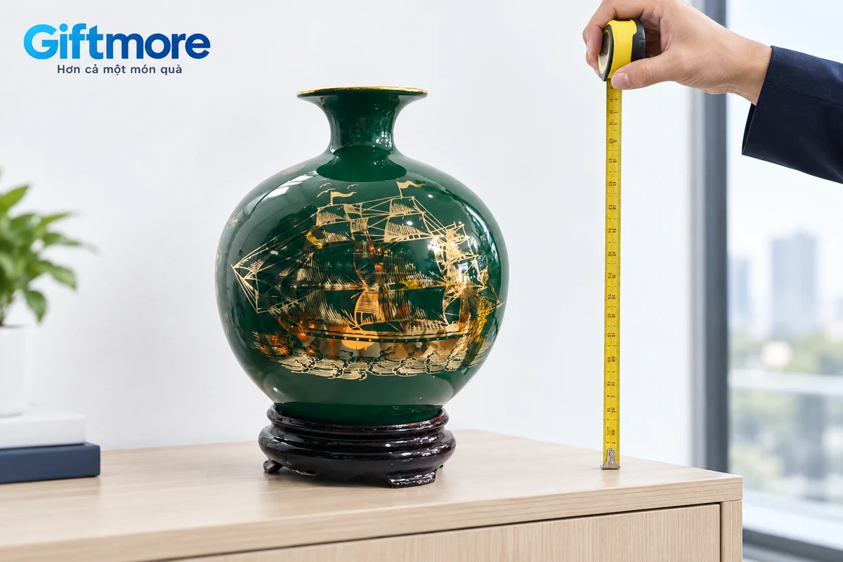 Bình xanh họa tiết thuyền thật cùng đế trong khoảng trưng bày văn phòng
