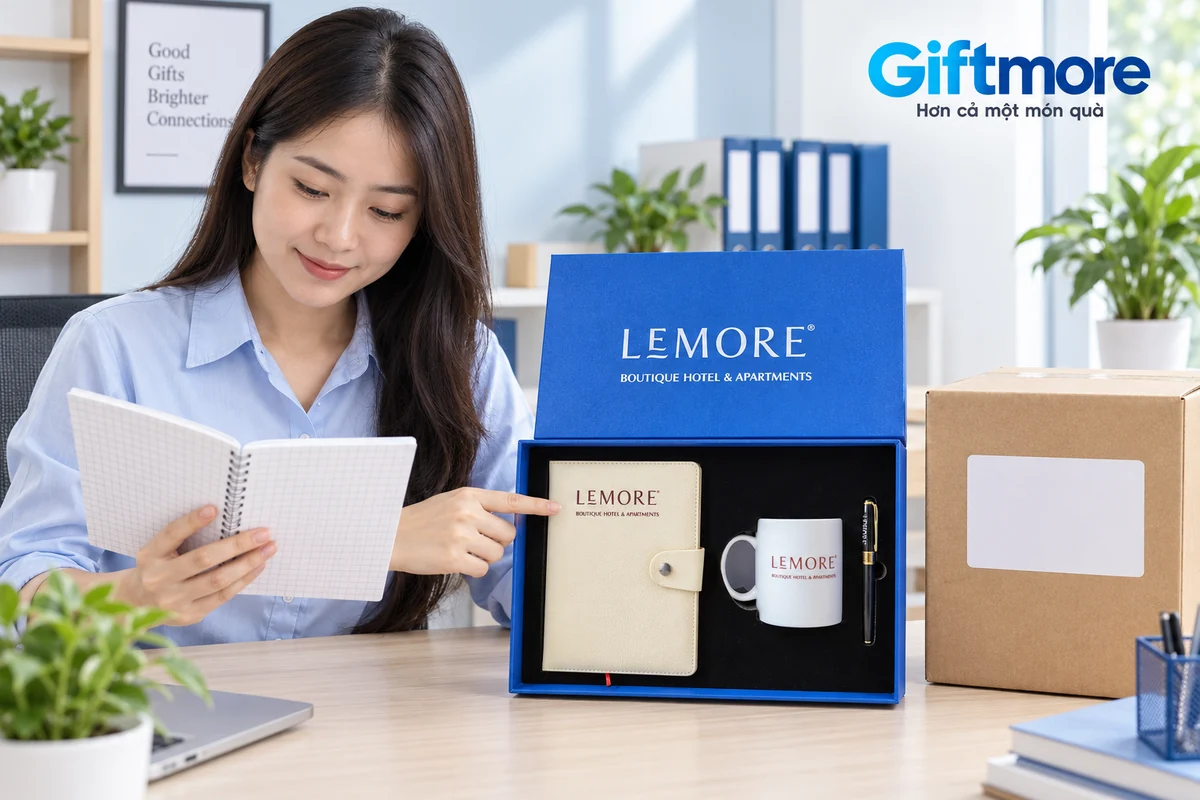 Người xem phiếu trống cạnh bộ quà LEMORÉ và thùng có nhãn trắng