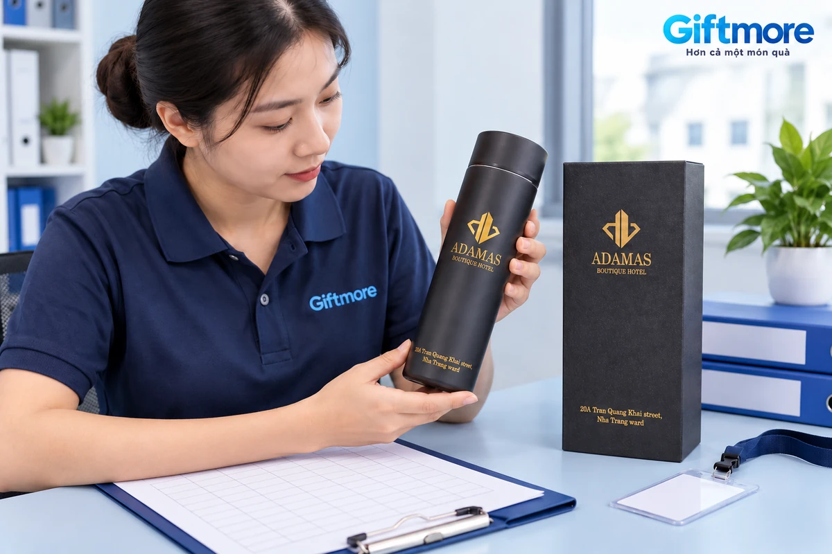 Người cầm bình ADAMAS cạnh hộp đen, phiếu trống và thẻ định danh