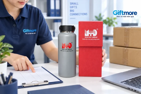 Tay đối chiếu phiếu bên bình xám và hộp đỏ MINH DUC GROUP cùng kiện carton