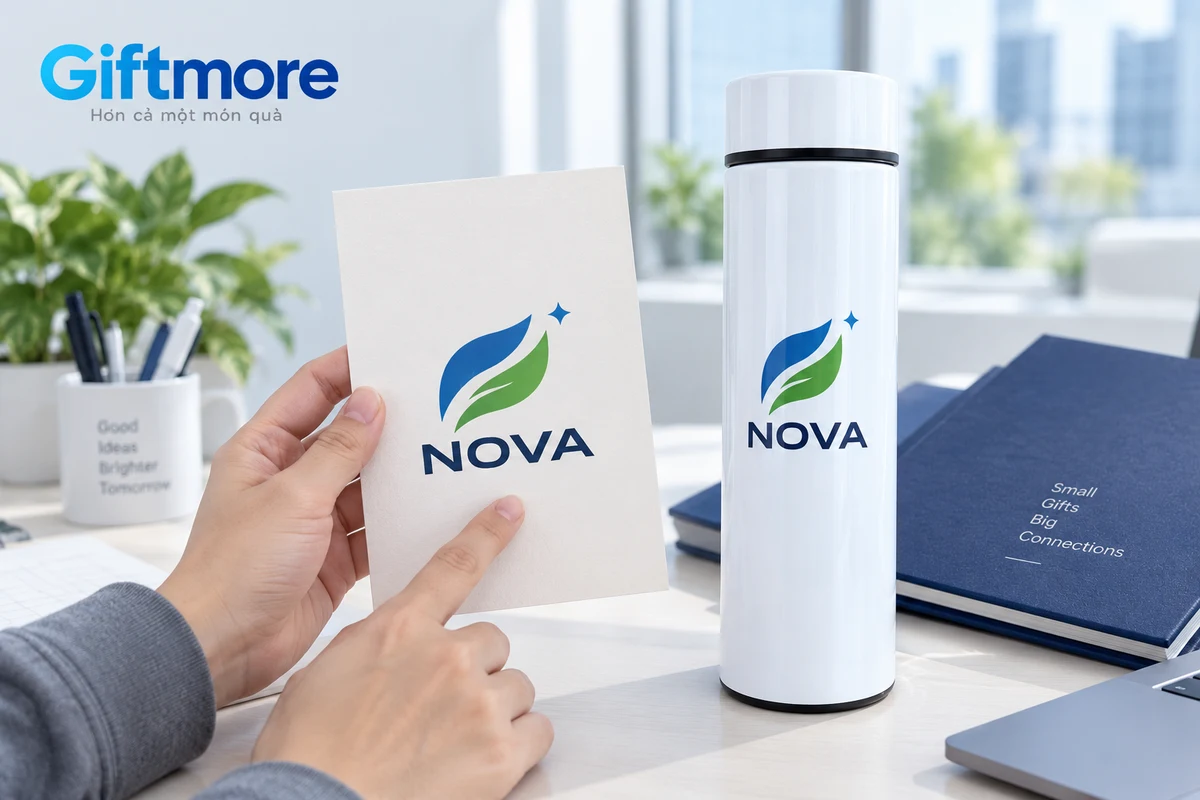 Logo demo NOVA trên bình trắng từ mẫu thật được đối chiếu với bản bố cục