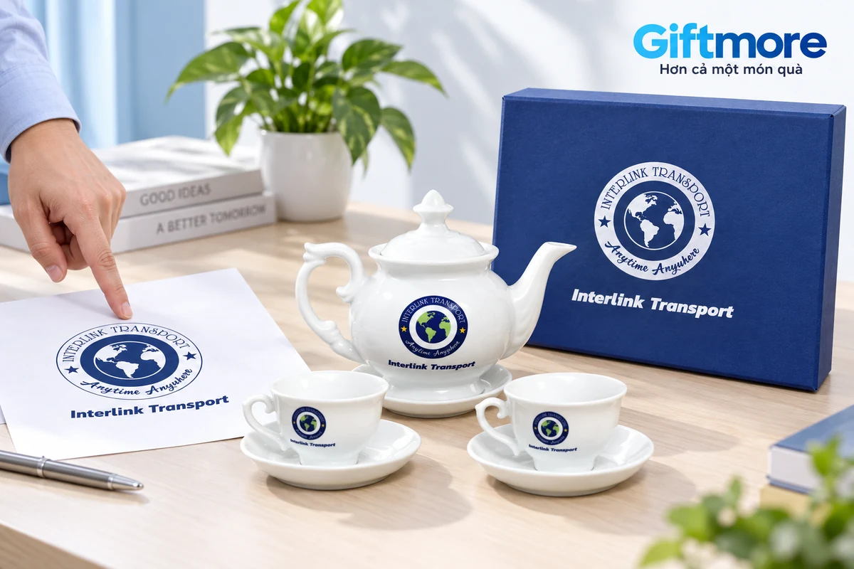 Logo Interlink trên mẫu ấm, hai chén và hộp thật cạnh bản tham chiếu nhận diện