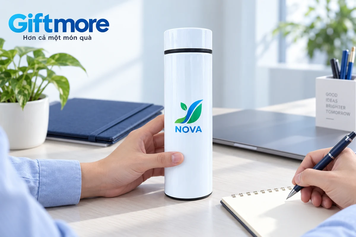 Người kiểm mẫu đối chiếu bình trắng có logo demo NOVA với giấy ghi yêu cầu