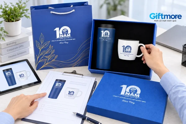 Bàn đối chiếu phiếu và bản xem bên bộ quà MHA có bình, ly và hộp xanh