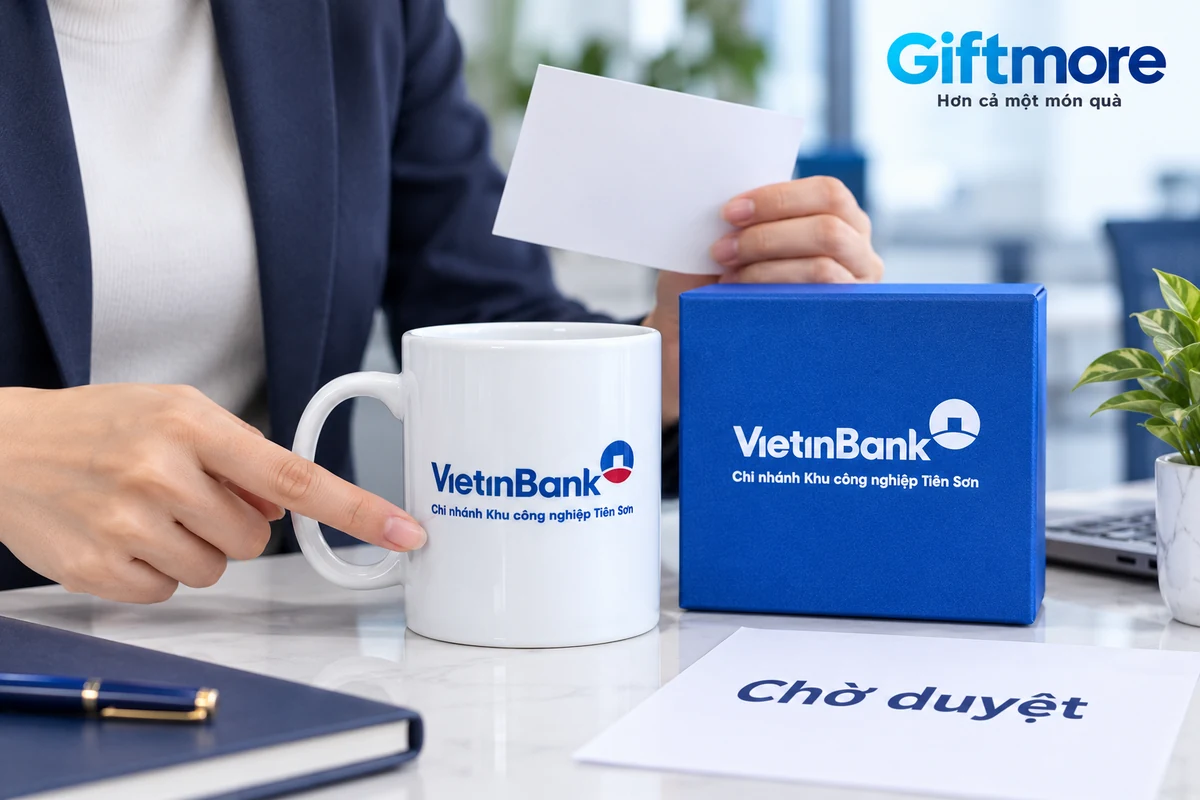 Tay chỉ dòng tên chi nhánh trên cốc VietinBank cạnh hộp và giấy Chờ duyệt