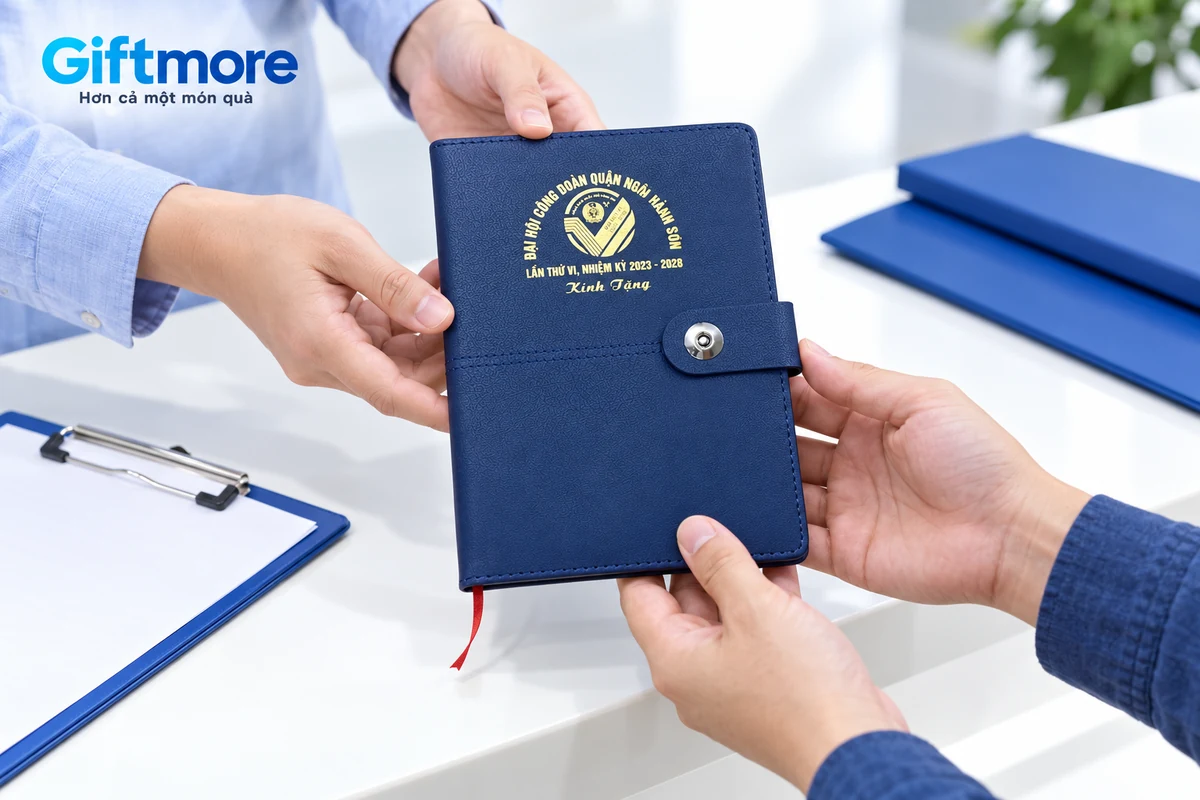 Hai người trao sổ xanh có khóa cài và nhận diện công đoàn in vàng