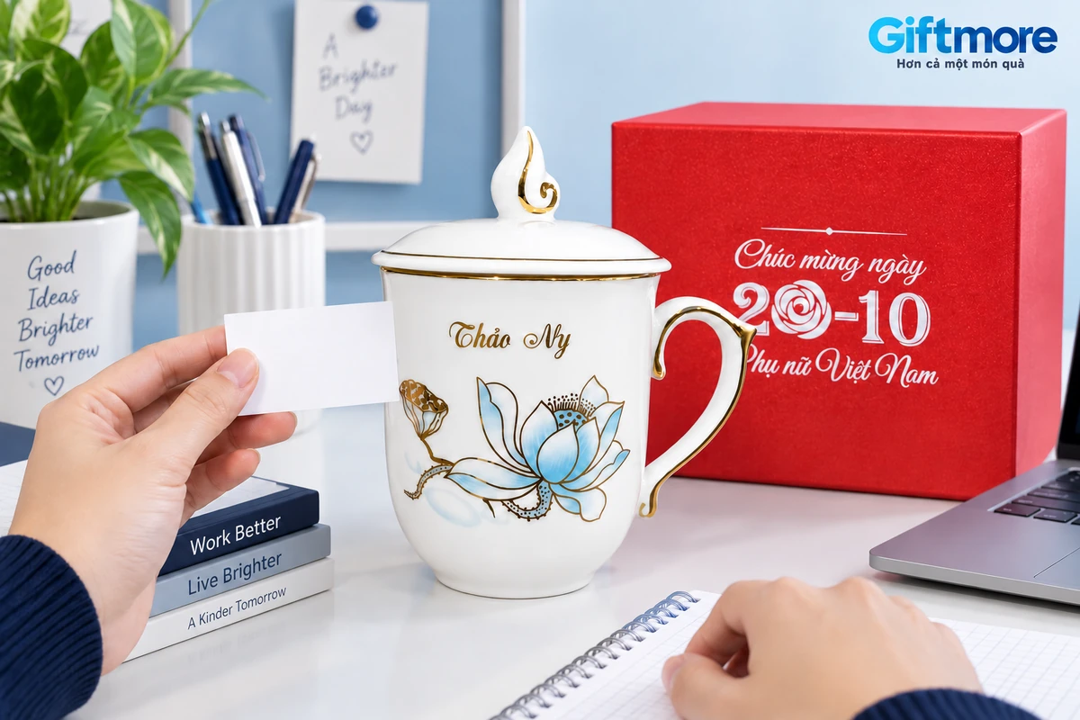 Thẻ trắng được giữ cạnh tên Thảo My trên ly hoa sen có nắp