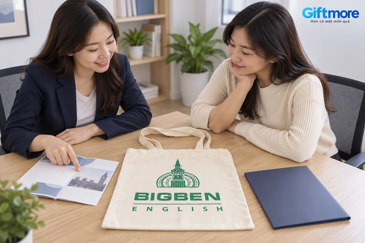 Hai người lớn xem tài liệu tư vấn cạnh túi kem in BIGBEN ENGLISH