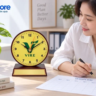 Mô phỏng đồng hồ mặt đồng demo VIRE bên lịch công việc trên bàn