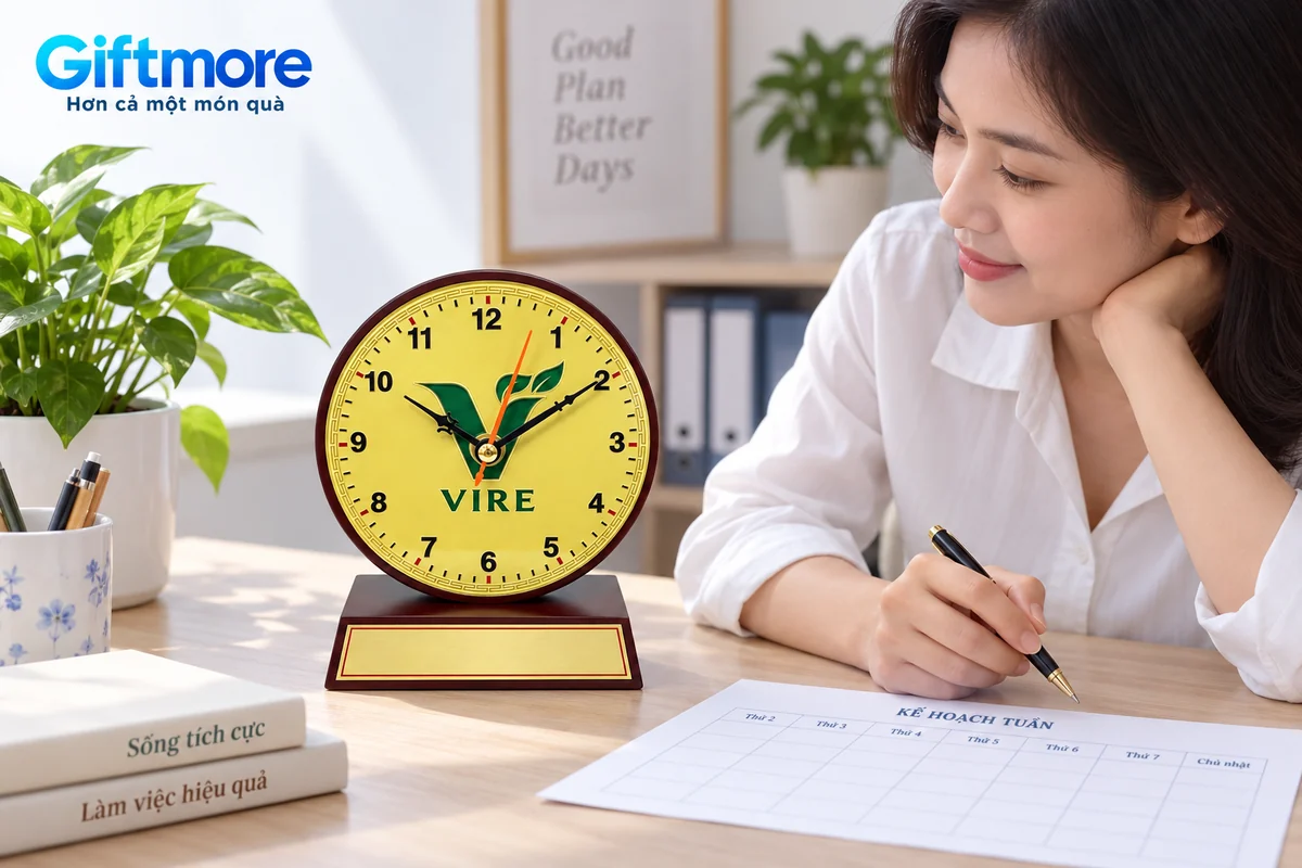 Mô phỏng đồng hồ mặt đồng demo VIRE bên lịch công việc trên bàn