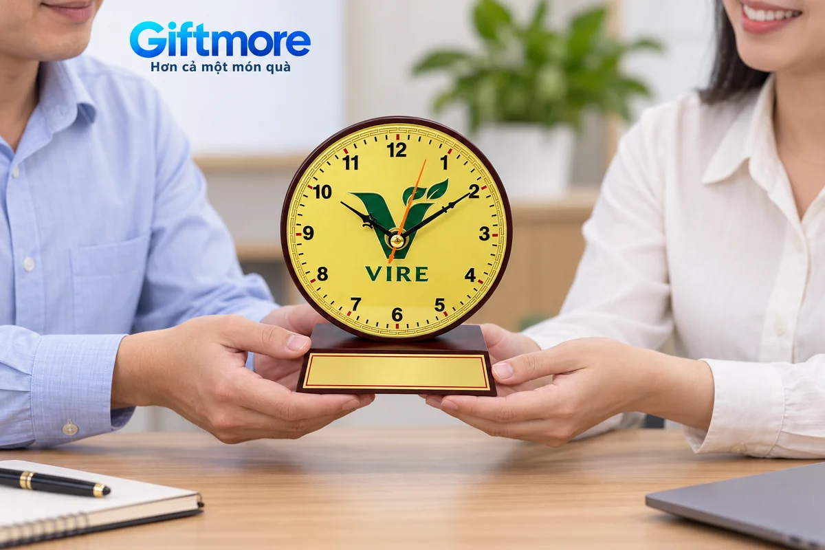 Mô phỏng hai người trao đồng hồ để bàn gỗ mặt đồng demo VIRE bằng cách đỡ đế