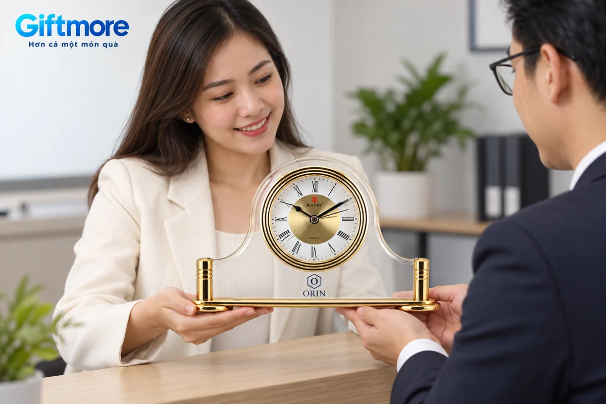 Mô phỏng hai người trao Kashi BT8 demo ORIN bằng cách đỡ chân đế