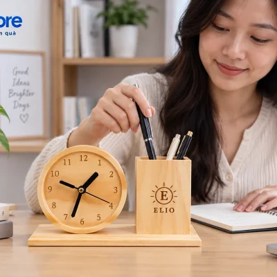 Mô phỏng người lấy bút từ ống gỗ demo ELIO cạnh đồng hồ để ghi việc