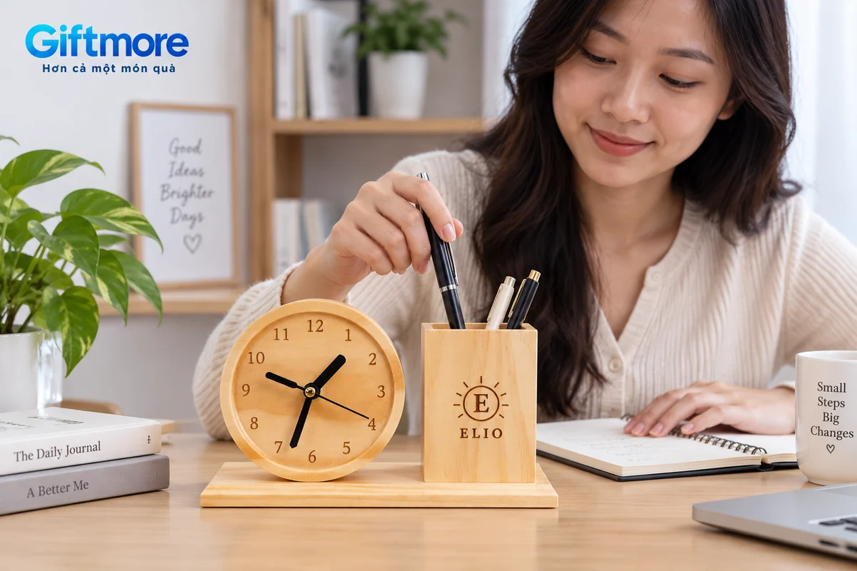Mô phỏng người lấy bút từ ống gỗ demo ELIO cạnh đồng hồ để ghi việc