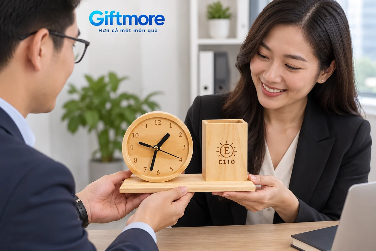 Mô phỏng hai người trao bộ đồng hồ và ống bút gỗ demo ELIO bằng cách đỡ đế