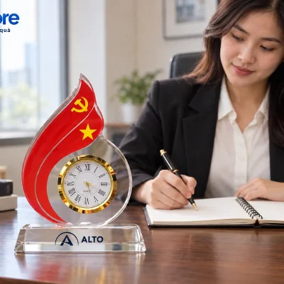 Mô phỏng đồng hồ pha lê ngọn lửa demo ALTO trên bàn cạnh sổ kế hoạch